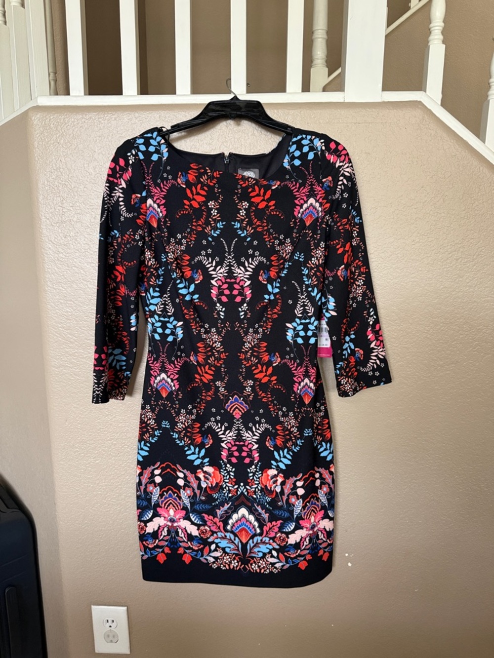 Vince Camuto Floral-Print Black Sheath Dress with Pink & Blue Accents